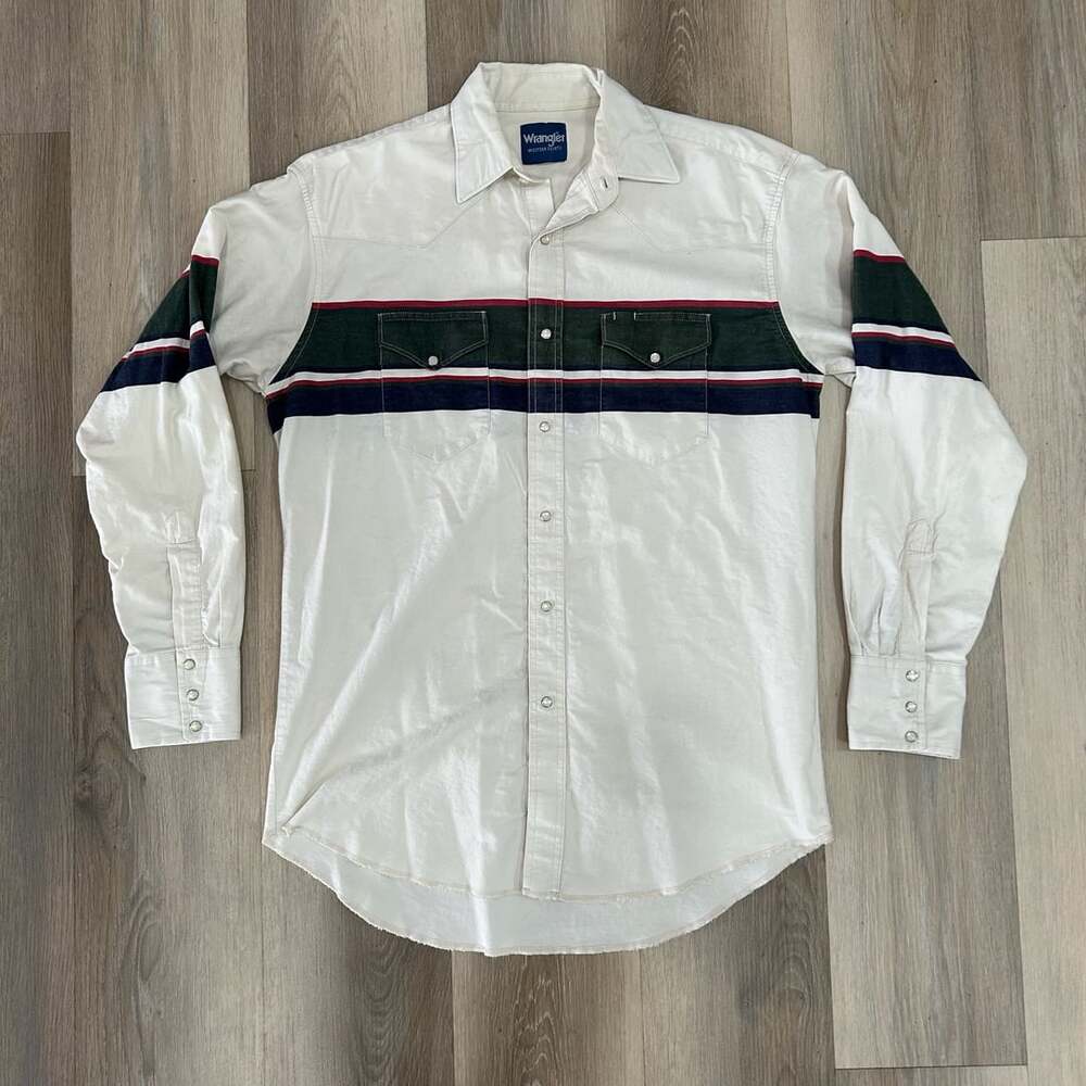 Vintage Wrangler Striped Western Pearl Snap Shirt White Green Red Blue Vintage